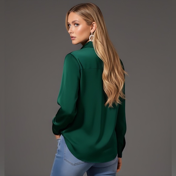 Satin Button Front Long Sleeve Blouse Emerald Green - Picture 3 of 7